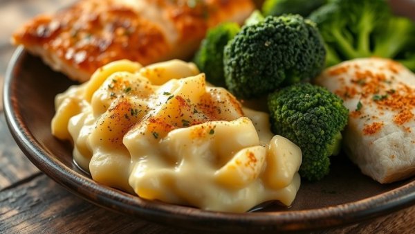 Creative au gratin potatoes with crispy fish and broccoli.