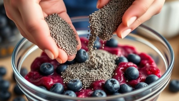 Chia seeds being added to blueberry pudding mixture, close-up.