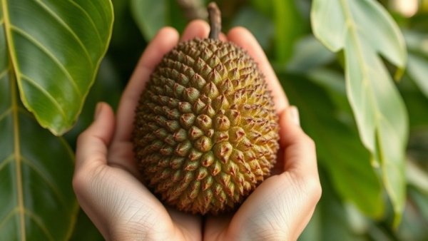 Noni fruit held by hands, highlighting noni juice benefits, with lush background.