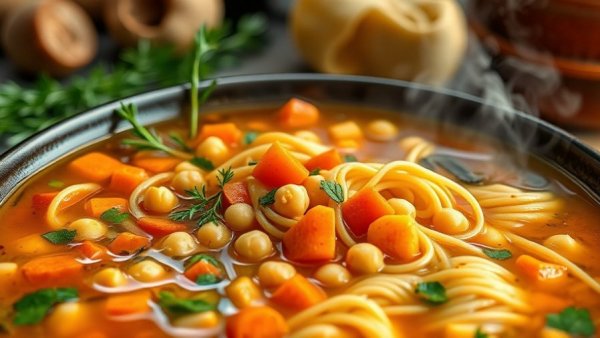 Colorful chickpea noodle soup in a blue bowl with vegetables.