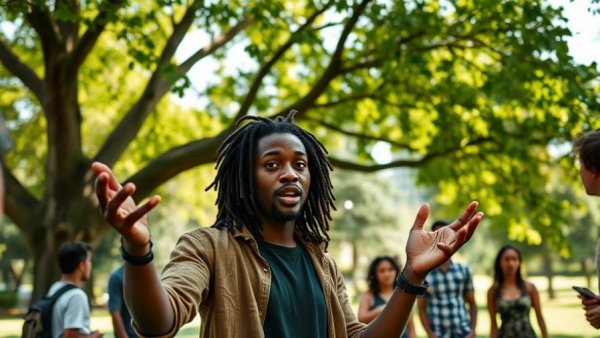 Engaged individuals discussing sustainable living tree benefits in a park.