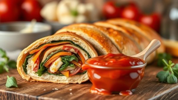 Delicious vegan stromboli recipe with tomato sauce.