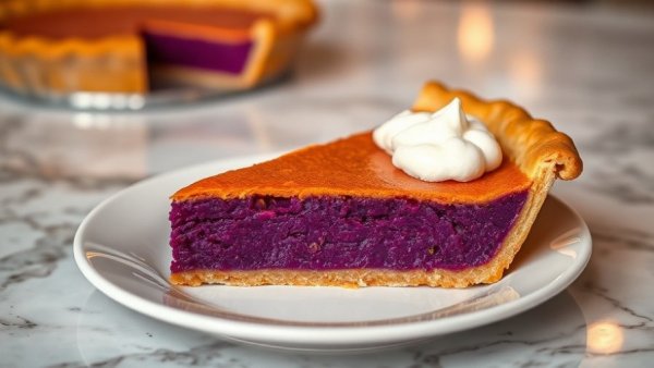 Purple sweet potato pie slice on a white plate with cream.