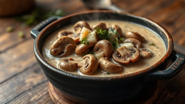 Savory Marry Me Mushroom Stew with herbs and cheese on wooden table.