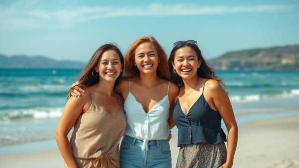 Joyful women enjoying a beach setting; Menopause Retreats.