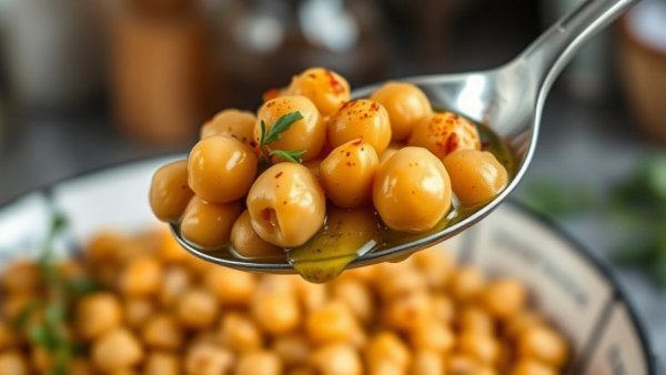 Close-up of chickpeas in olive oil with spices in a kitchen.