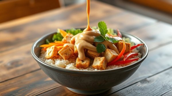 Delicious tofu peanut rice bowl with vegetables and sauce.