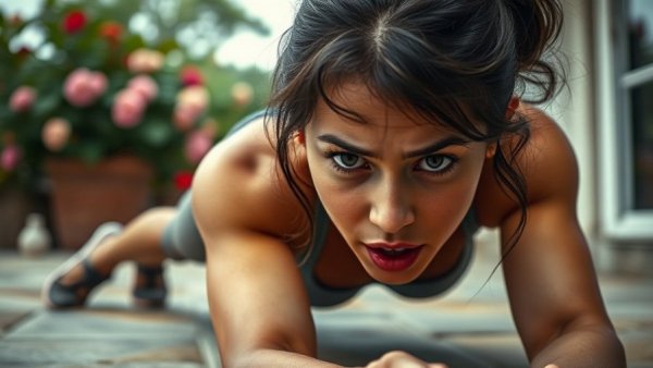 Young woman intense in plank challenge for fitness outdoors.