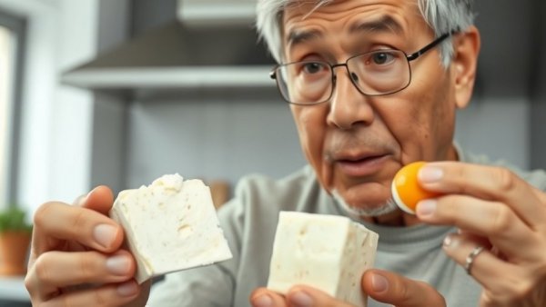 Middle-aged person comparing tofu vs eggs in modern kitchen.
