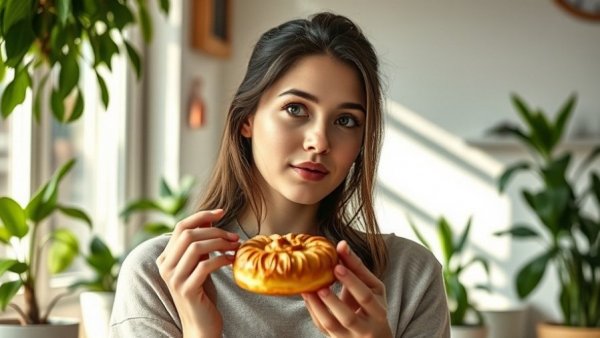 Woman considering a pastry indoors, stop food cravings theme.