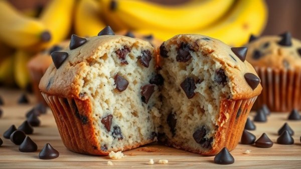 Close-up of healthy banana chocolate chip muffin being broken apart.