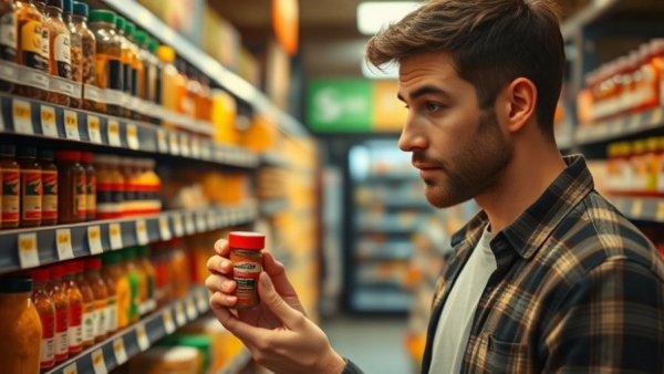 Casual man examining spice bottle in grocery store aisle.