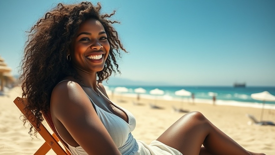 Cheerful Black woman relaxing on chaise at Cabo San Lucas beach, ideal for cultural travel.