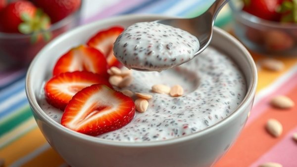 Strawberry chia pudding with strawberry slices and almonds.