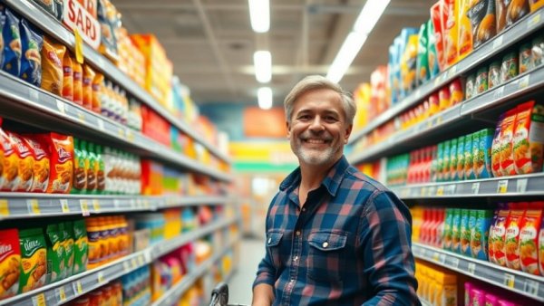 Man shopping in a grocery store aisle, exploring options.