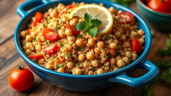 Quinoa tabbouleh with chickpeas in a blue plate, garnished with vegetables.
