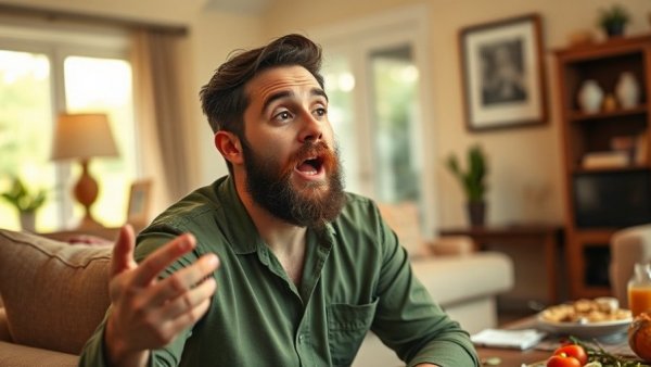 Man passionately speaking indoors, scattered food, warm light.