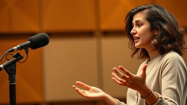 Young woman discusses green tea cancer treatment benefits in a studio.