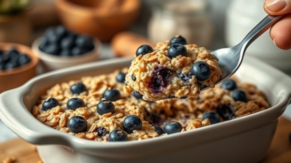 Freshly baked blueberry oatmeal being served from a dish.
