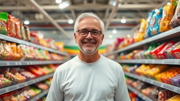 Misleading Valentine's Day Marketing in candy aisle with smiling man.