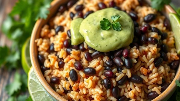 Black Bean Rice Bowl with Greek Yogurt Lime Dressing being poured.