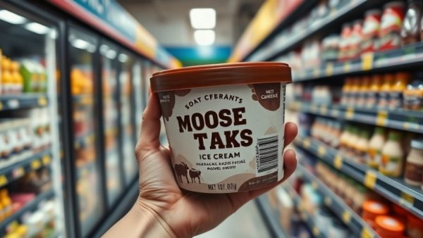 Hand holding ice cream tub in the freezer aisle.