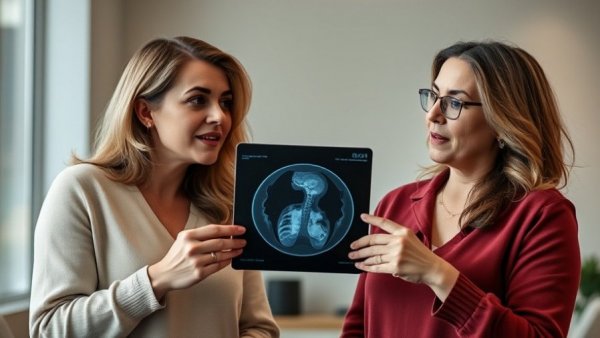 Two women discussing safer breast cancer screening alternatives.