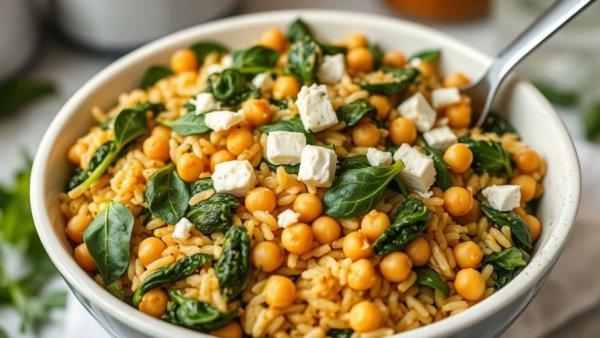Delicious Greek-inspired spinach orzo with chickpeas and feta close-up view