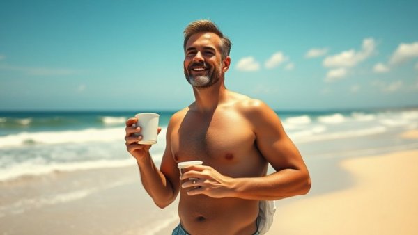Man on a wellness vacation, holding coffee by the beach.