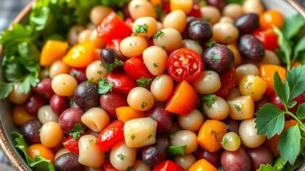 Colorful antipasto bean salad with vibrant ingredients in bowl.