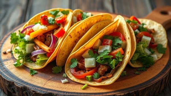 Colorful plant-based tacos with toppings on wooden board.