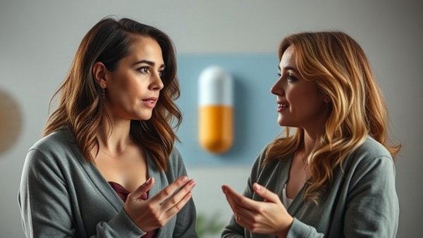 Two women discuss health benefits over a blurred pill image.