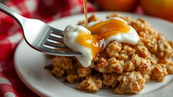 Healthy baked apple oatmeal with yogurt drizzled with syrup.