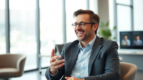 Confident man gesturing indoors in a modern office.