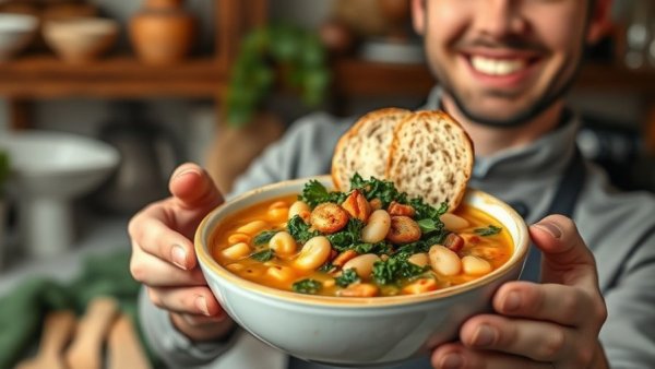 Tuscan White Bean & Kale Soup with smiling chef, 35g protein.