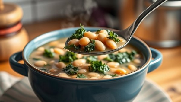Protein Power in Soup: white bean and kale soup in a kitchen setting.