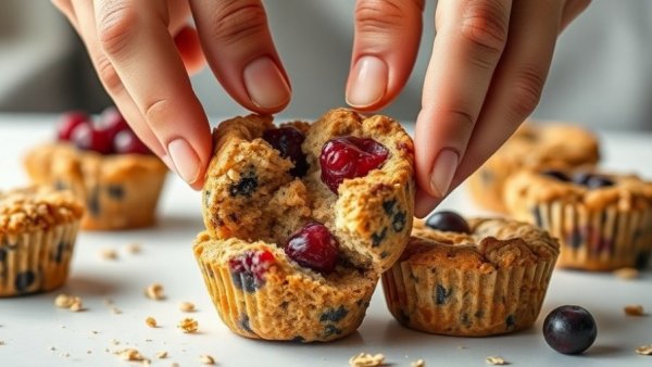 Hands breaking a berry-filled baked oatmeal cup, vibrant and detailed.