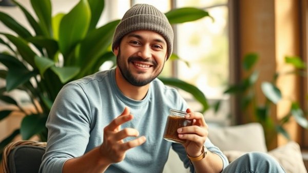 Man displaying Naturalite Flavors Genesis Blend jar indoors.
