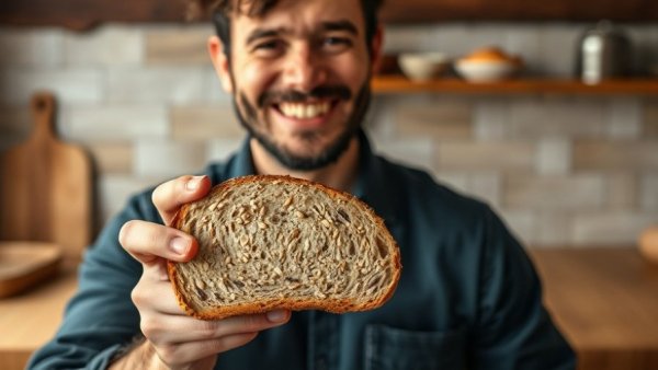 Man showcasing homemade seeded bread, kitchen setting.