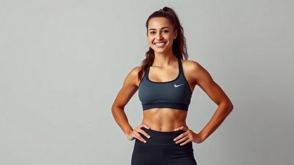 Confident woman posing for a 20-minute full-body dumbbell workout.