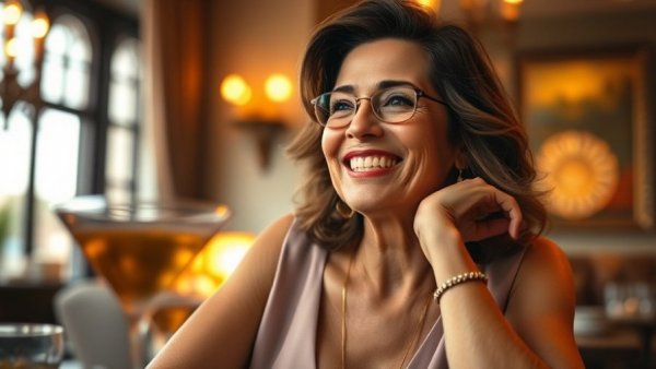 Living Single at 50: Sophisticated woman smiling indoors with cocktail, Atlanta.