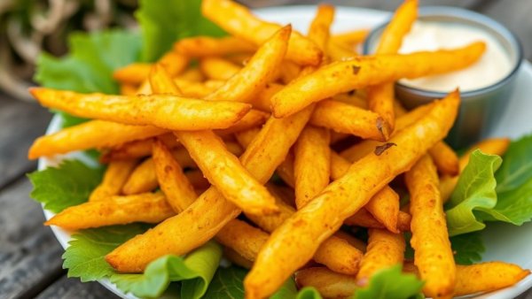 Golden-brown green papaya fries with dipping sauce.
