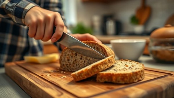 Person slicing lentil bread on a cutting board in home kitchen.