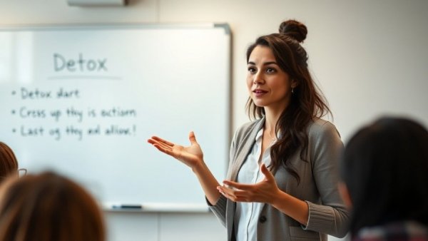 Woman presenting detox warning signs in a classroom setting.