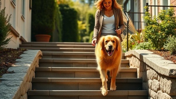 First Hour Rule: Woman walking dog down sunlit steps in a garden.