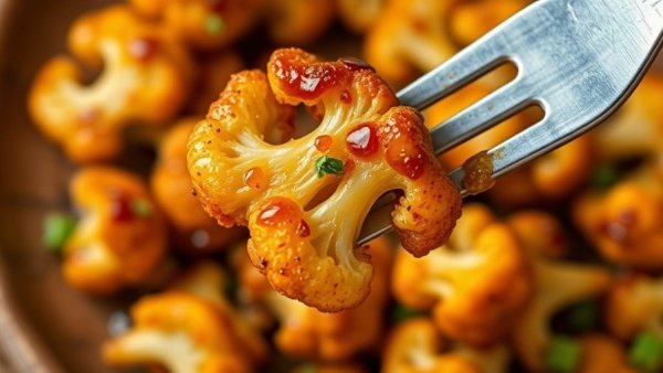 Crispy cauliflower with maple harissa glaze on a fork.