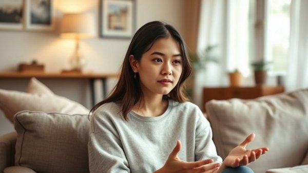 Young woman explaining five facts men will never understand about women, seated indoors with calming ambiance.