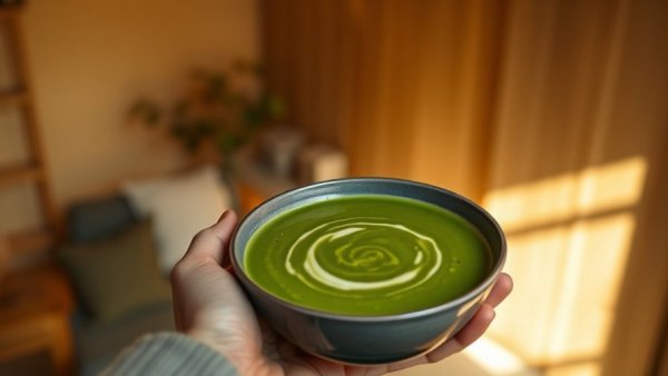 Person holding a bowl of vibrant green soup, unique recipe for well-being.