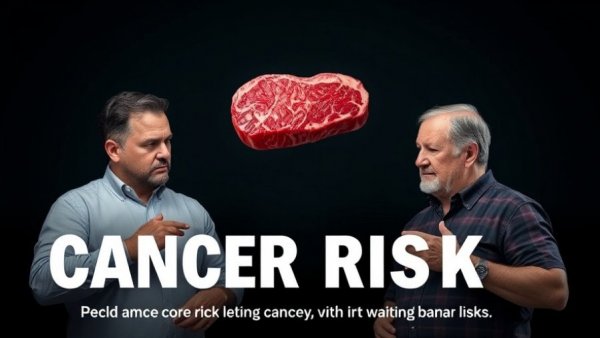 Contrasting imagery of men with red meat, discussing cancer risk.