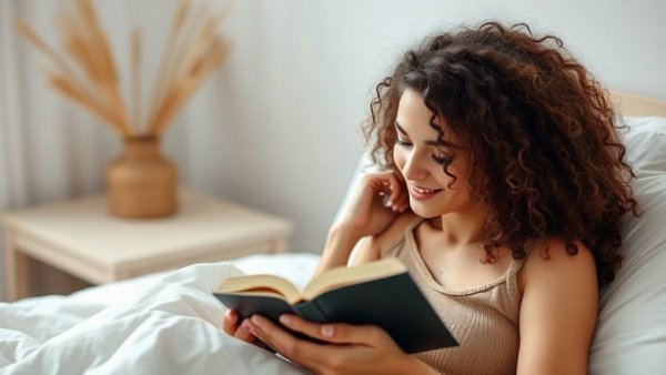 Woman reading inspiring memoirs for personal growth in a cozy setting.